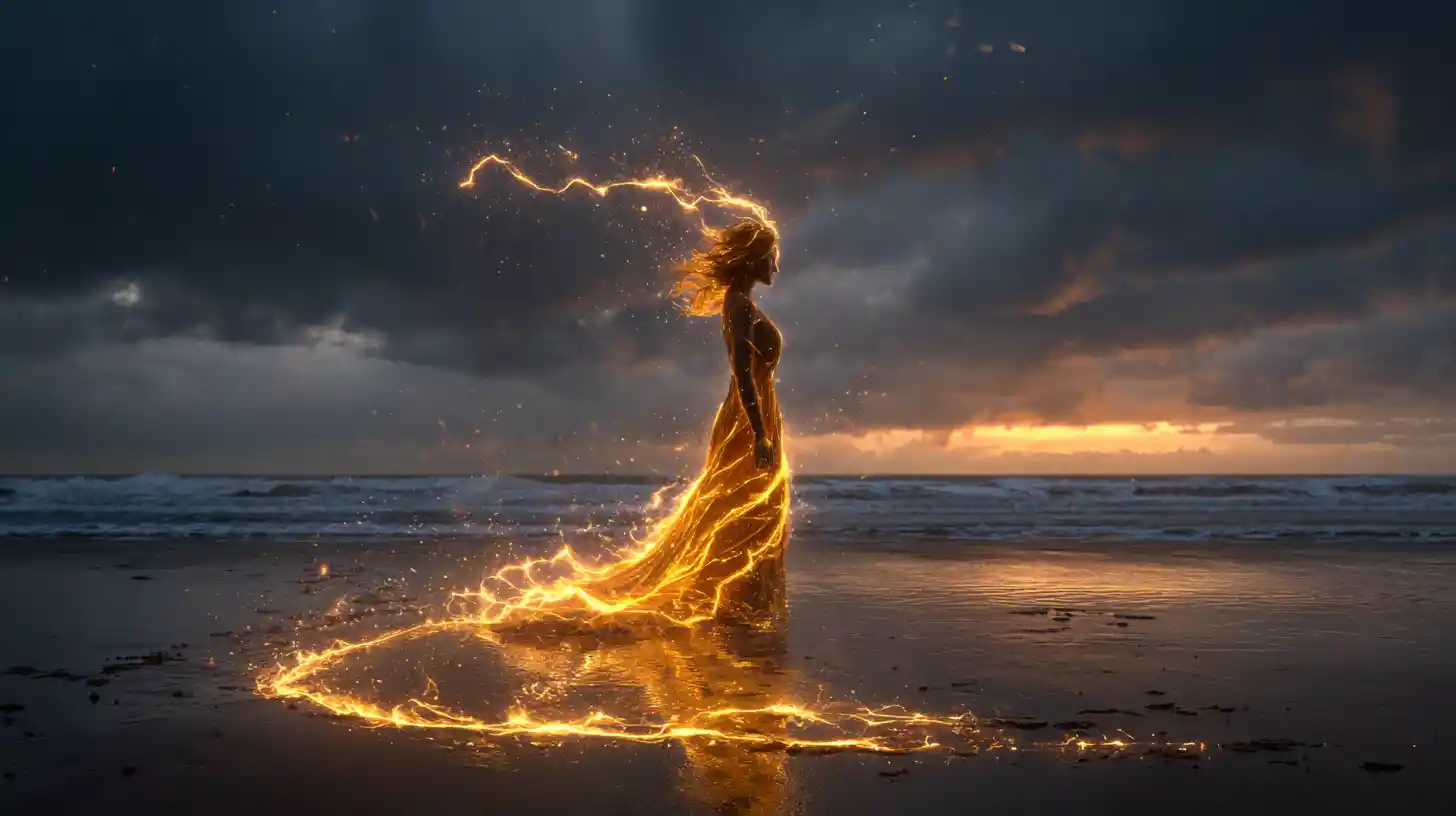 Elemental goddess on a lonely ocean beach at sunset