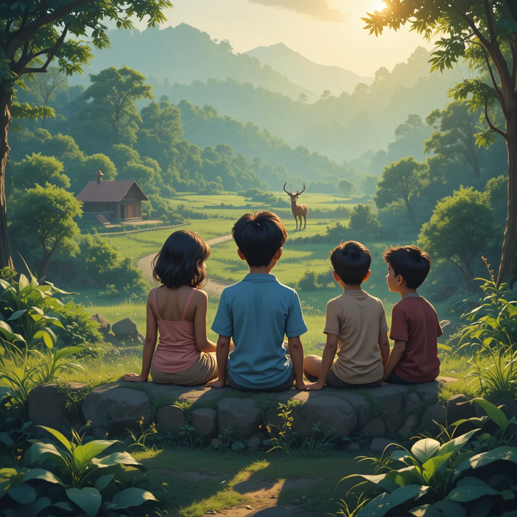 Children Watching A Deer At The Edge Of The Forest