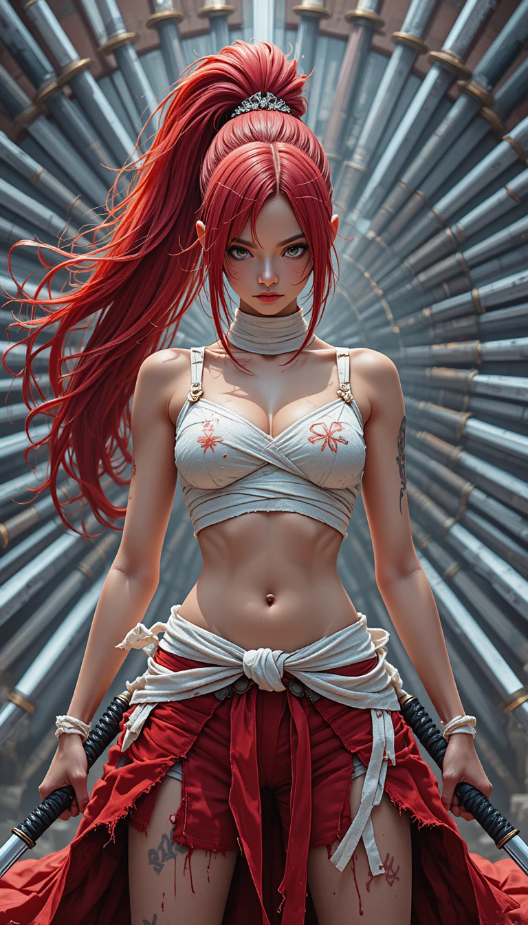 Diosa guerrera de anime con espadas en intensa postura en primera línea