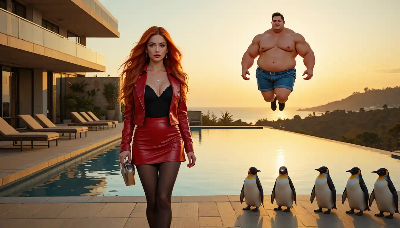 Red haired woman walking by luxury pool at sunset