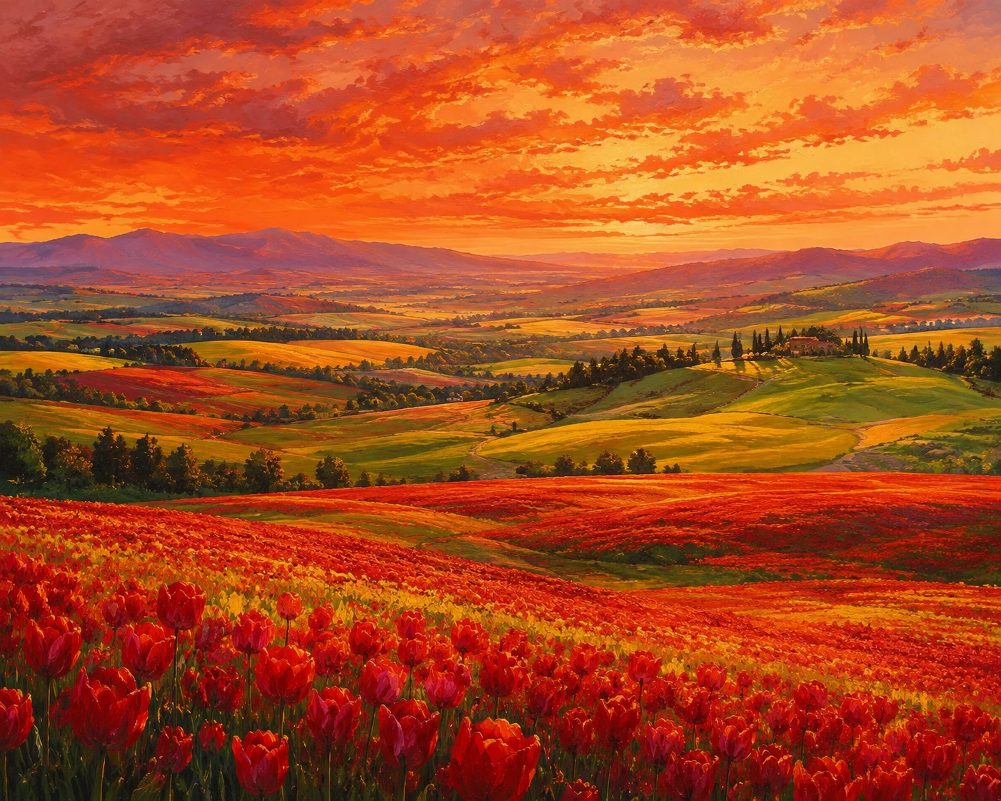 Vast red tulip fields across rolling countryside hills