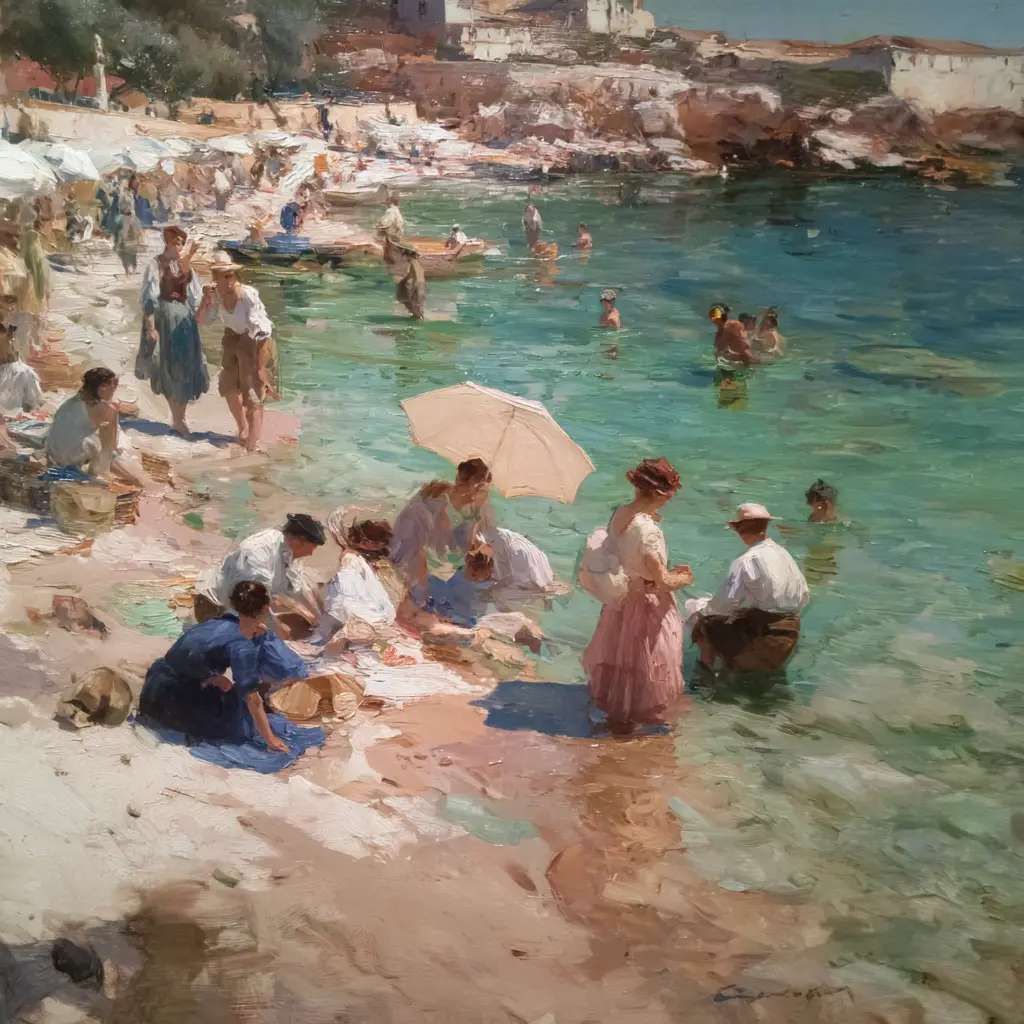 Mediterranean summer oil painting of a vintage brunette woman