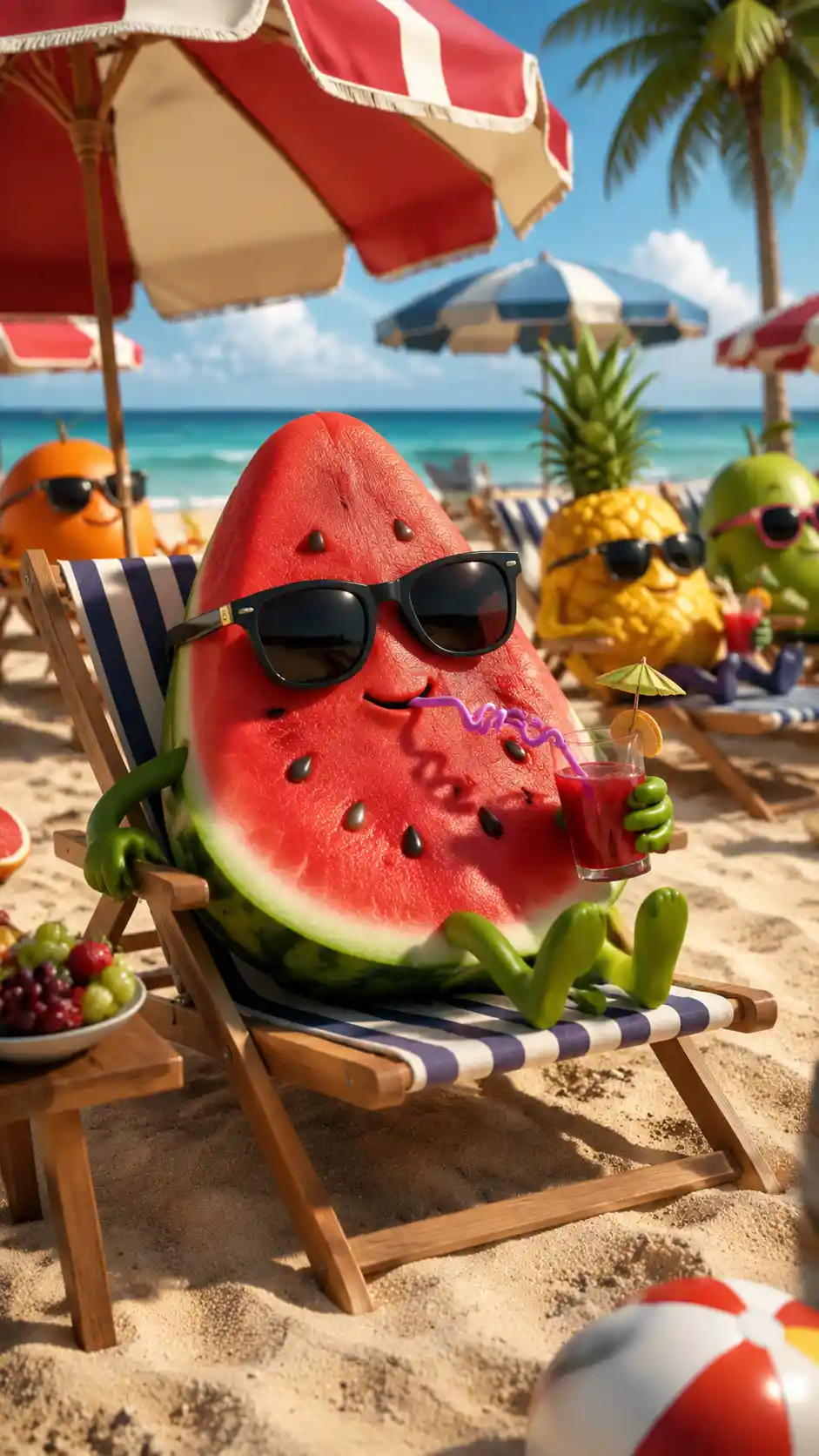 Entspannter Wassermelonen-Charakter, der an einem sonnigen Strand liegt