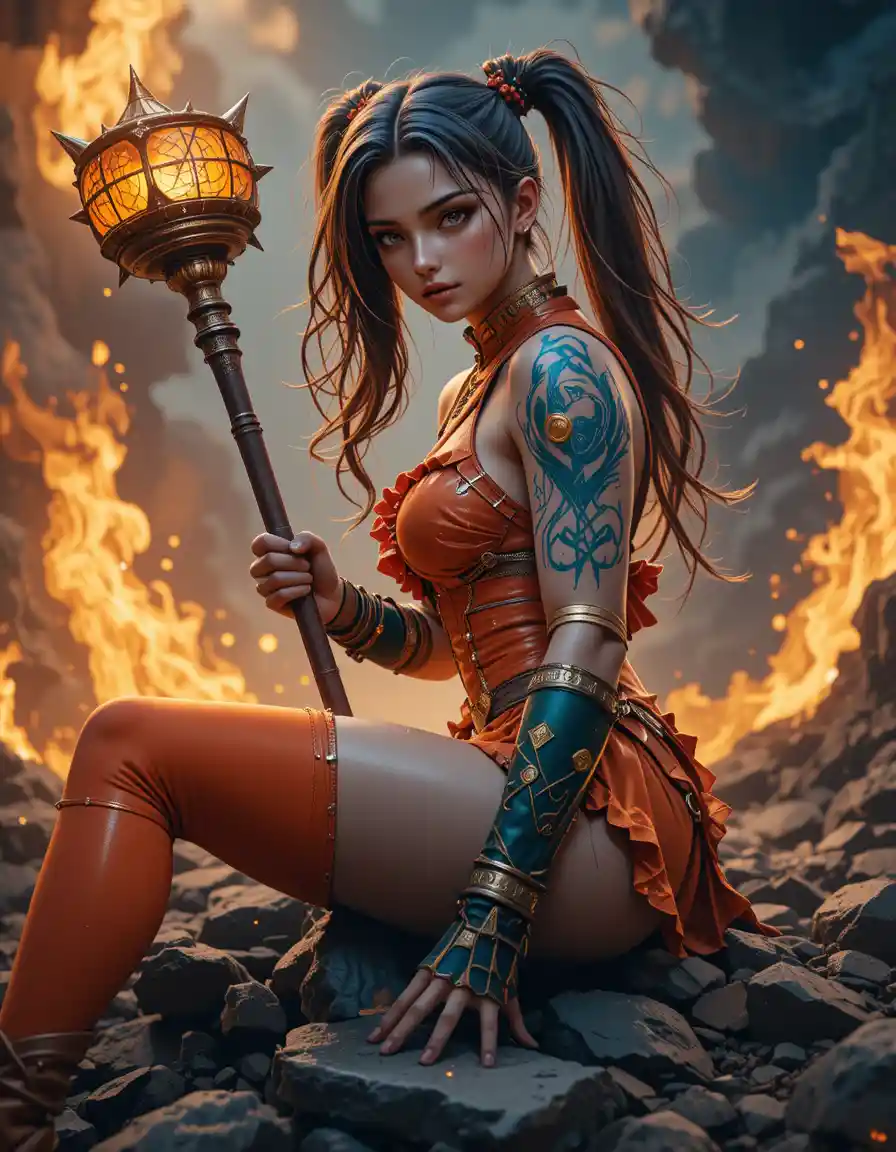 Giant fantasy girl with hammer staff in blazing fire
