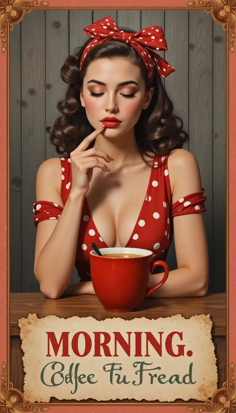 Playful pin up woman with coffee cup at wooden table