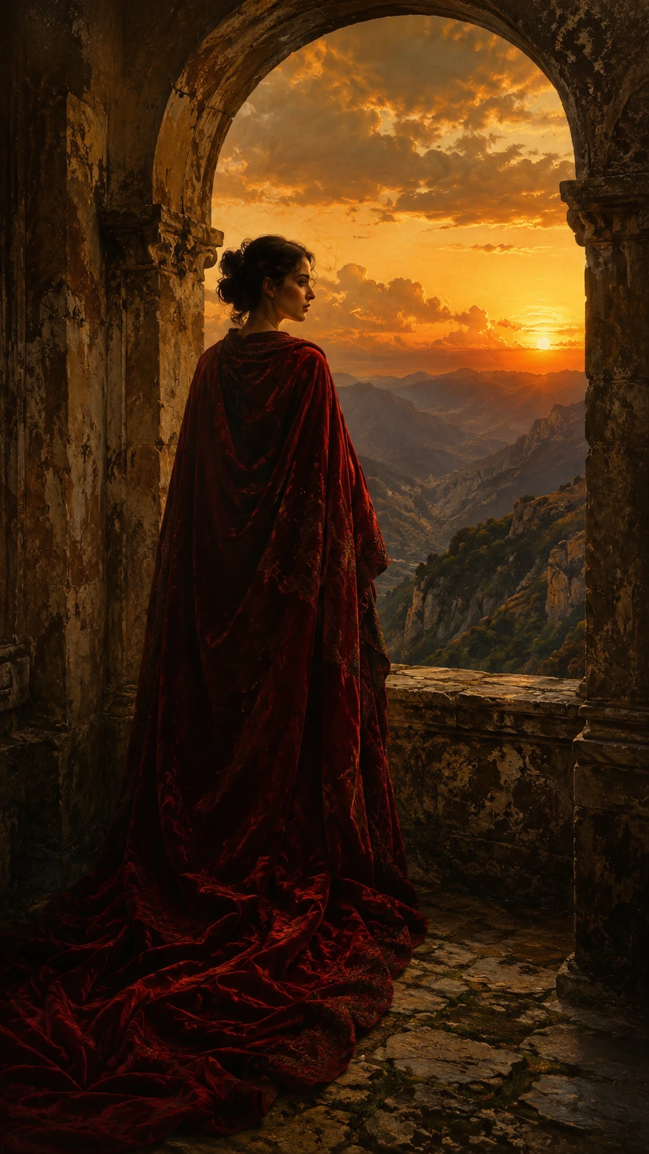 Mujer con capa carmesí en un arco de piedra al atardecer