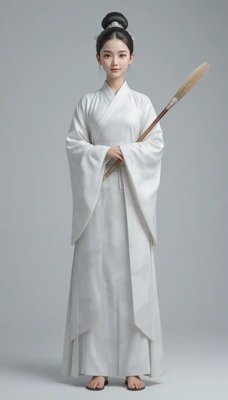 Calm young taoist girl in white 3D character design
