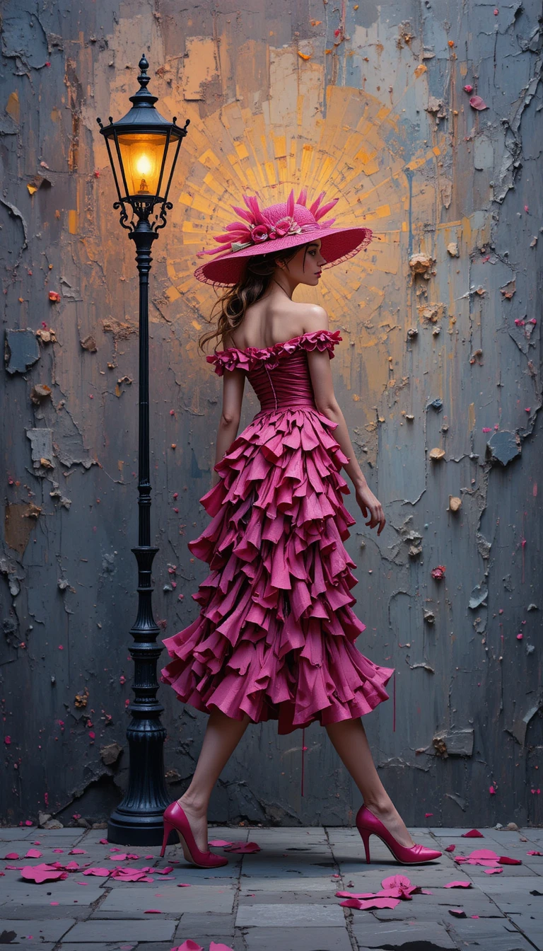 Mujer elegante con vestido rosa pasando junto a una farola luminosa