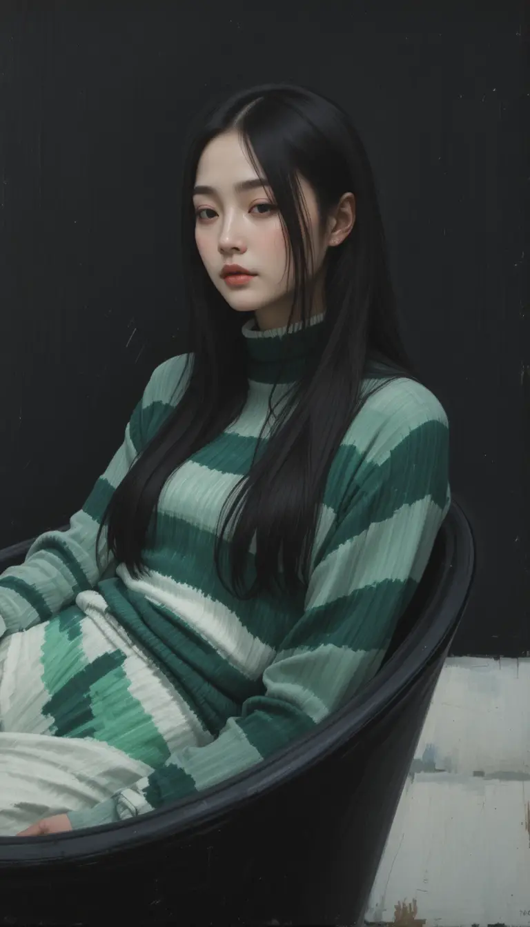 Serene Japanese woman in striped turtleneck armchair portrait