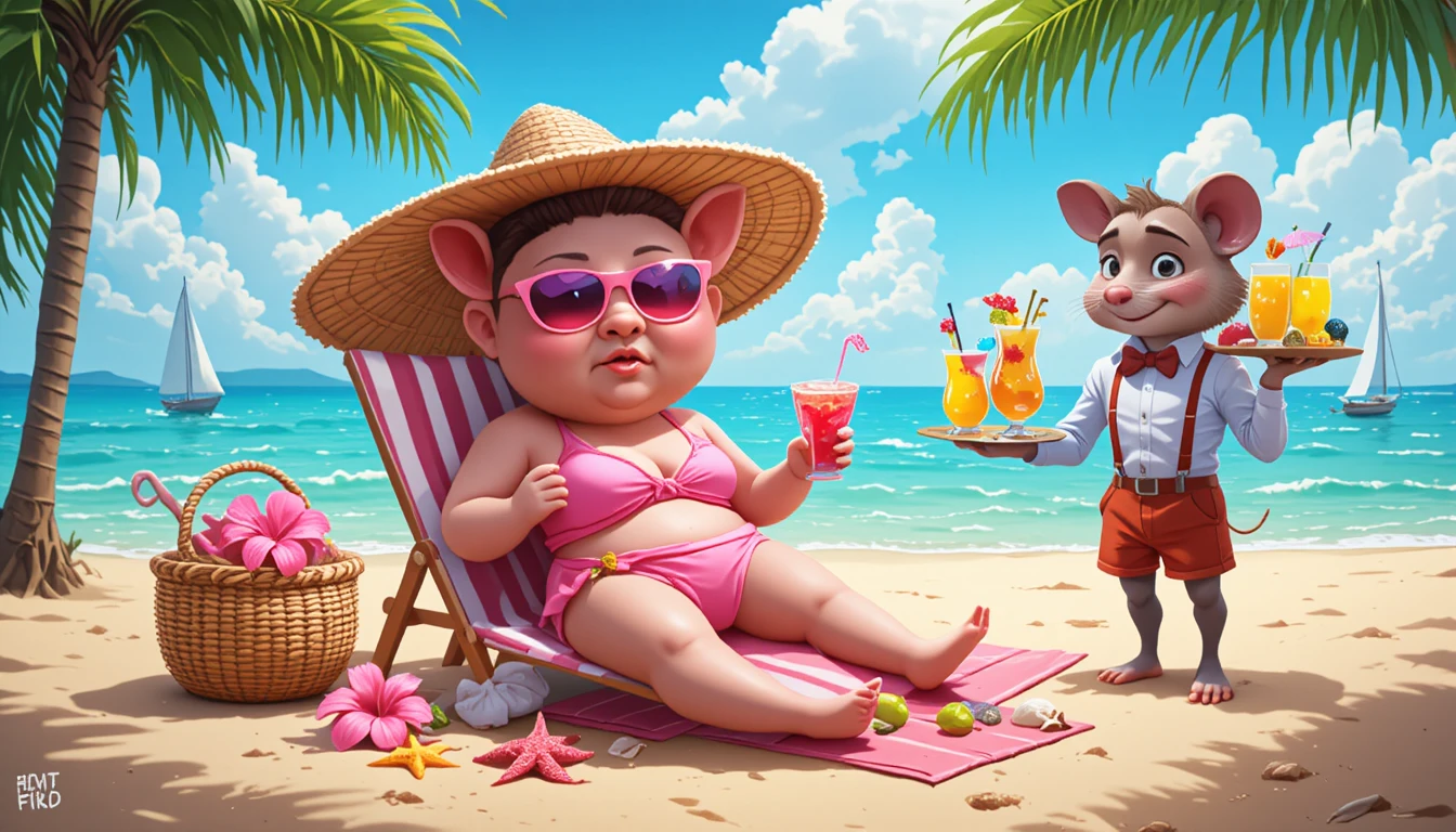 Cartoon-Schwein entspannt an einem sonnigen Tropenstrand