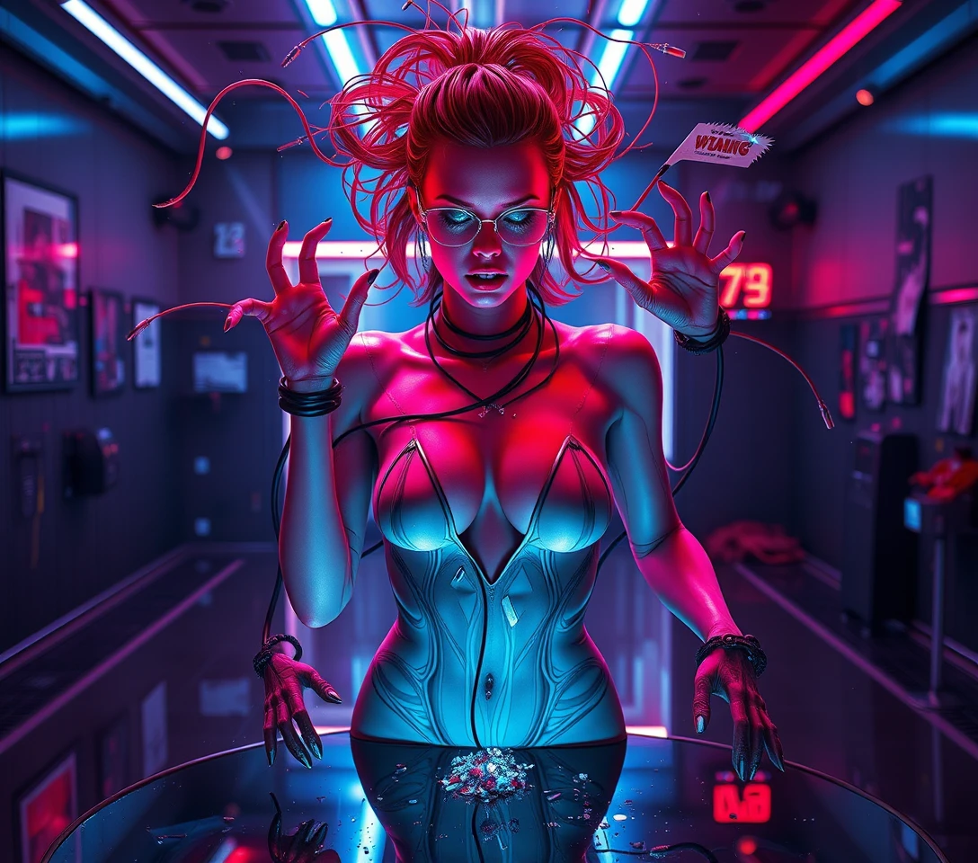 Mujer androide en sala de control futurista iluminada con neón