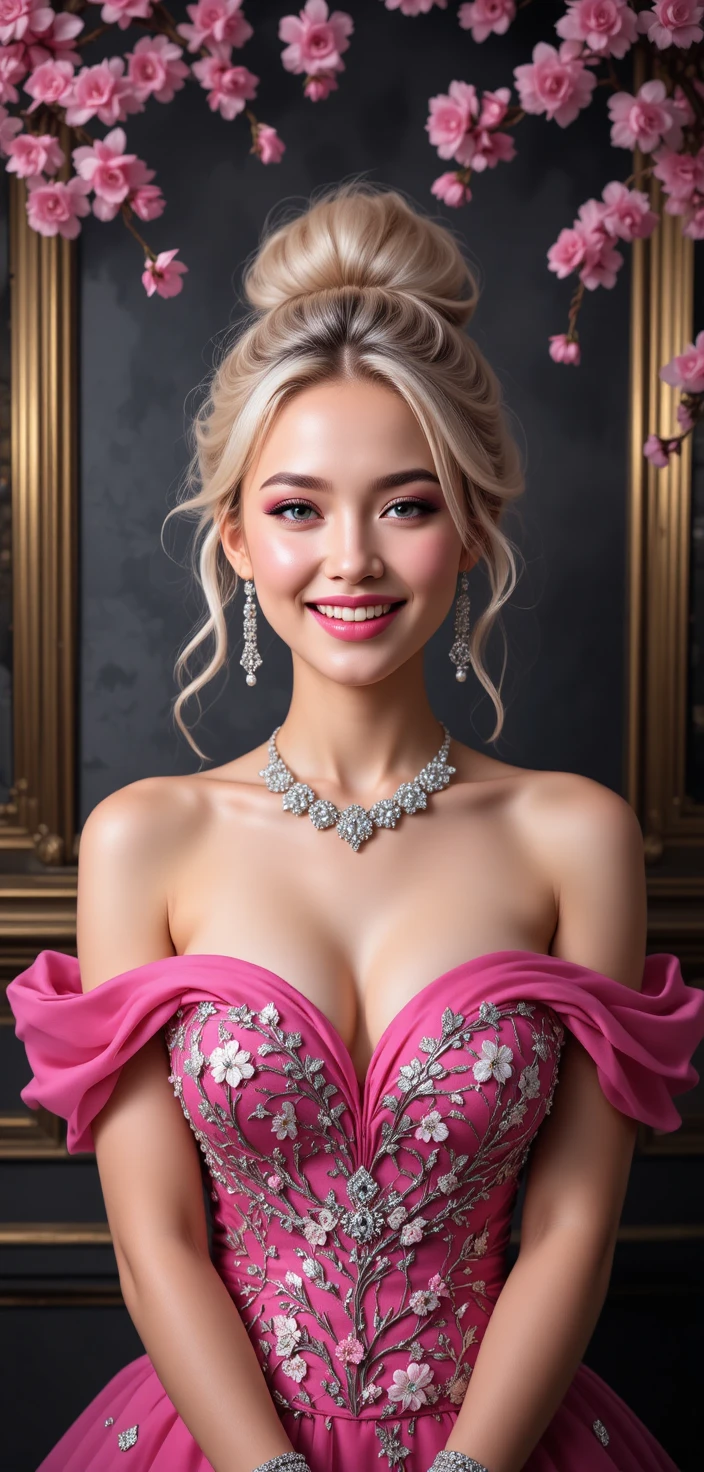 분홍 드레스를 입은 금발의 즐거운 여성 디지털 초상화