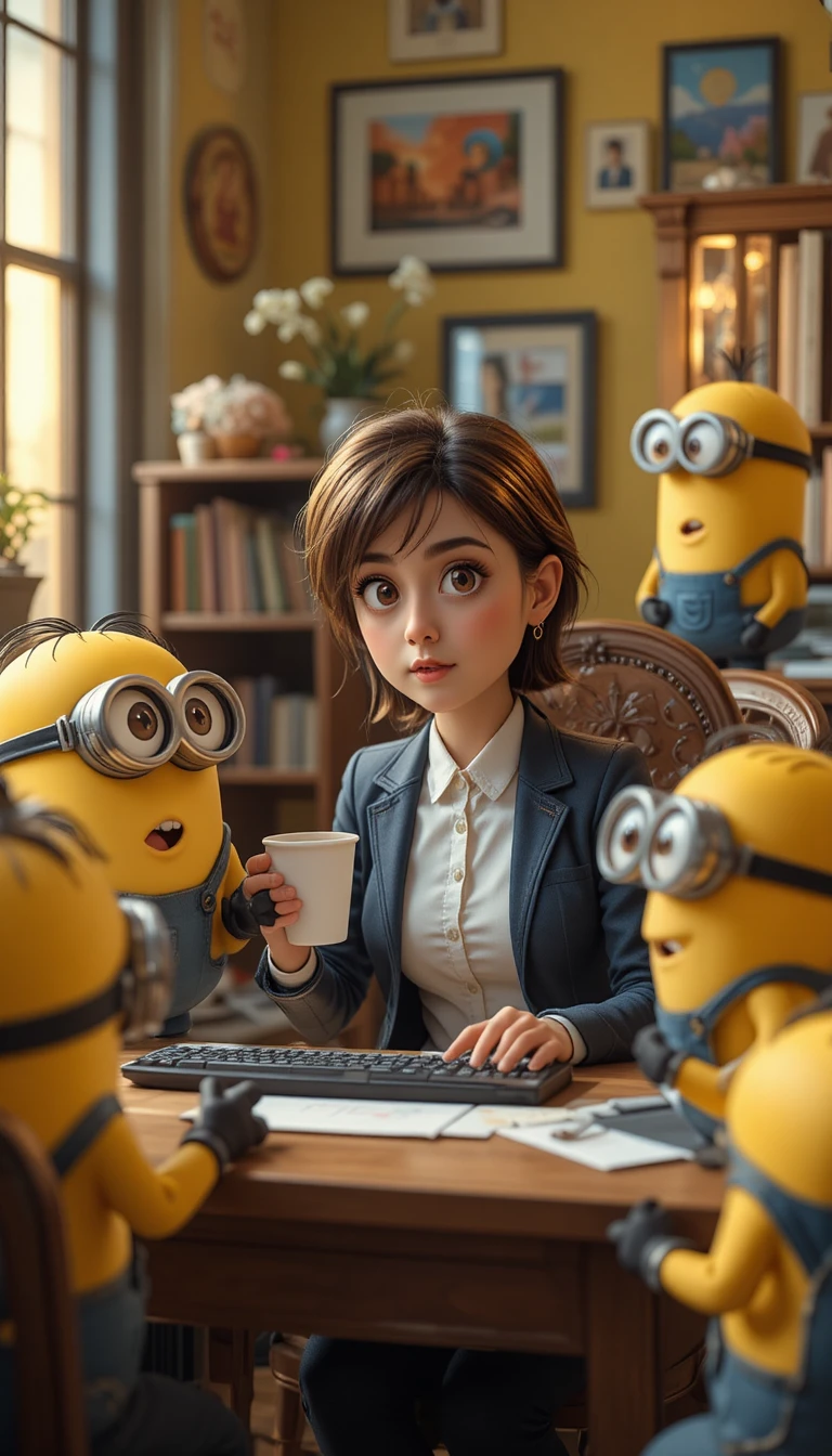 Empleado de oficina en su escritorio ayudado por divertidos minions