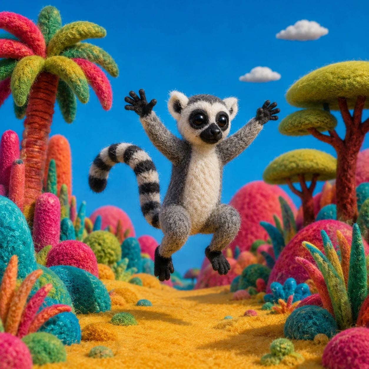 Lémur de cola anillada saltando sobre un paisaje surrealista de fieltro