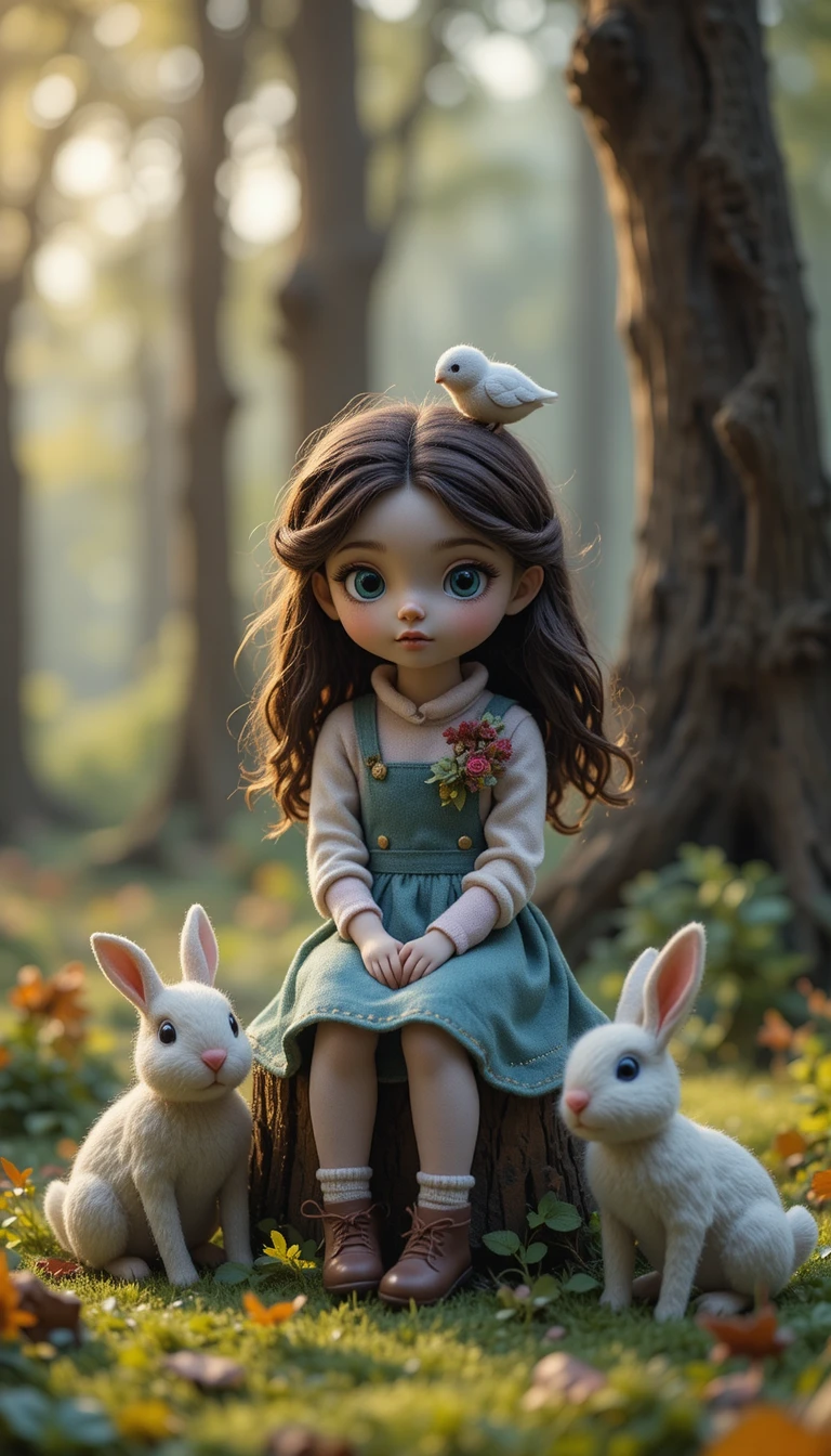 Niña de fieltro en un claro soleado del bosque con animales
