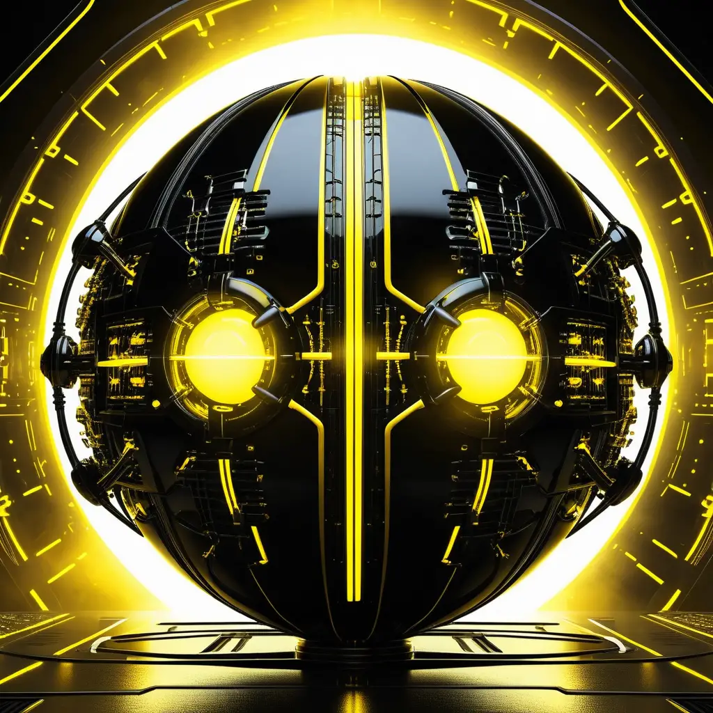 Futuristic black mechanical sphere in glowing yellow space