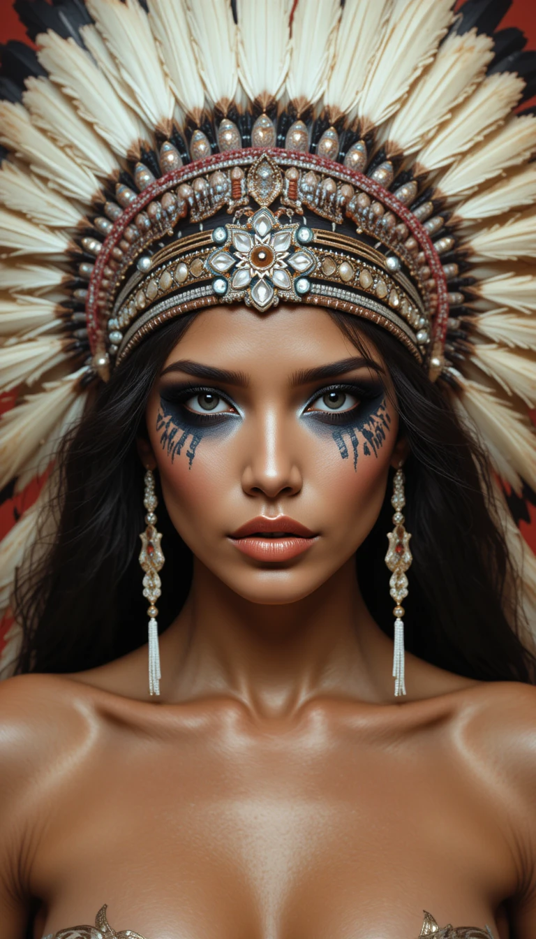 Mujer sensual con pintura corporal tribal y penacho de guerra con plumas