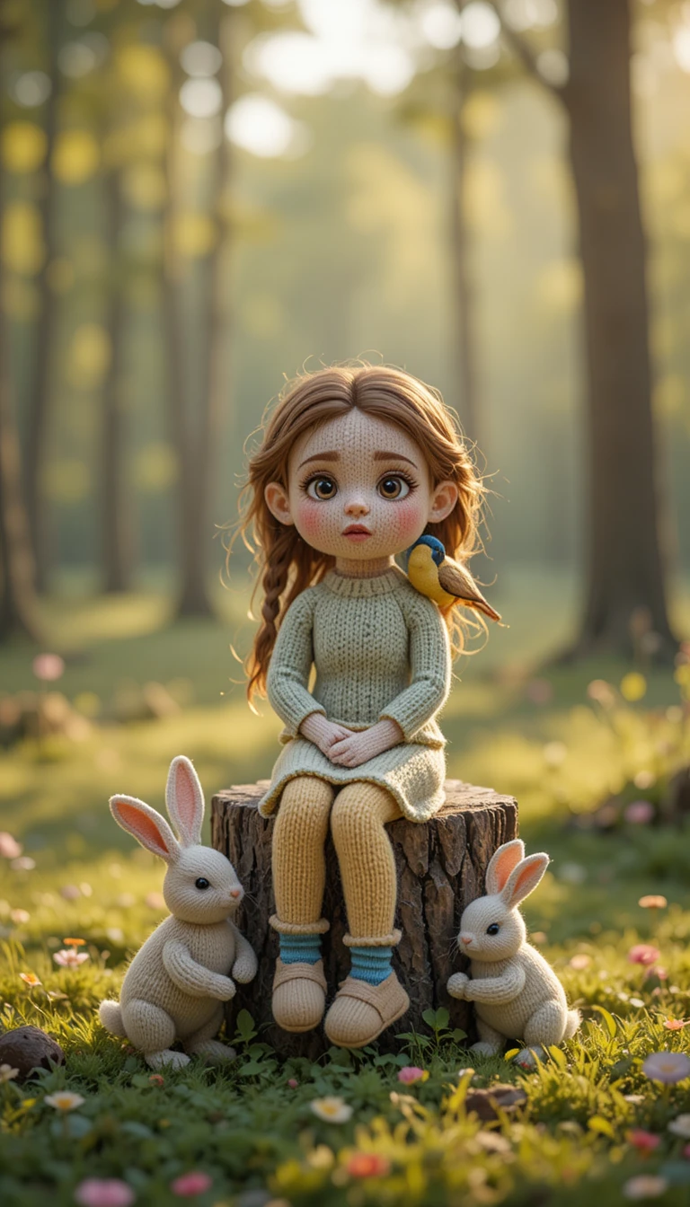 Niña de punto en un claro del bosque con conejos y un pájaro