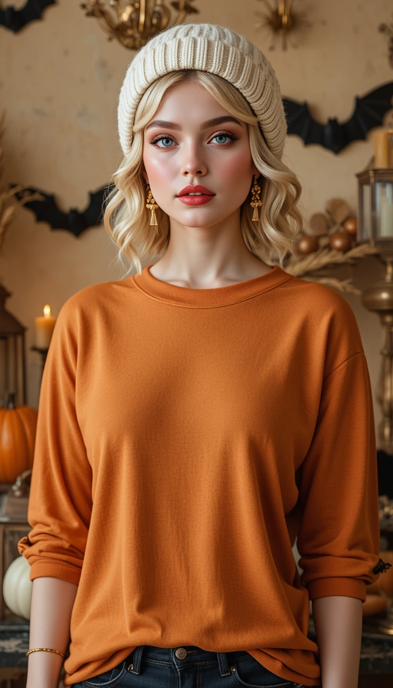 Blonde woman in burnt orange tee by candlelit decor