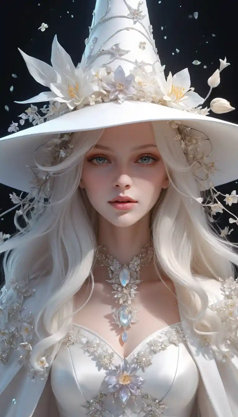 Ätherische weiße Hexe mit Blumenhut im Anime-Stil