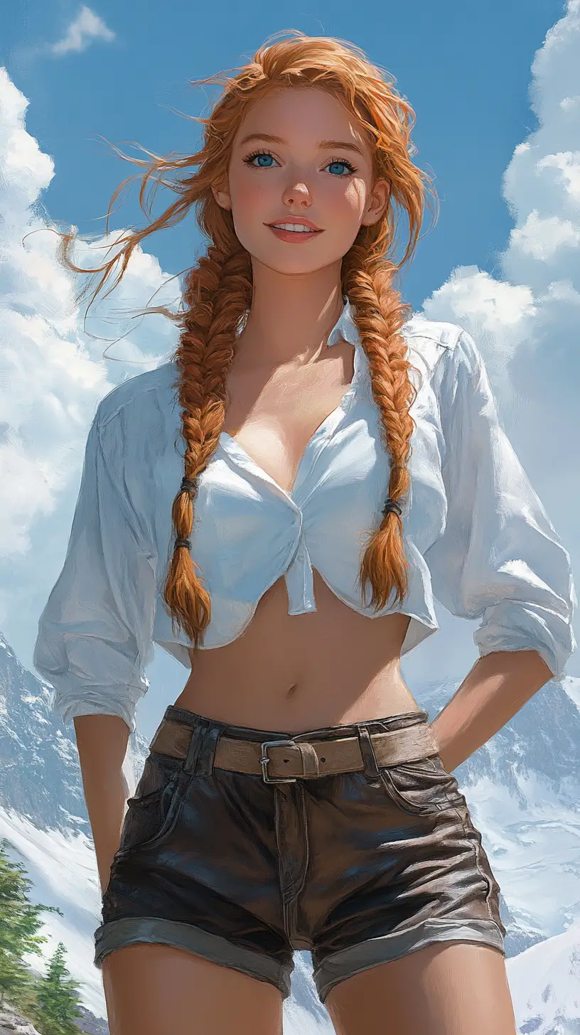 Smiling anime girl in white shirt under blue mountain sky