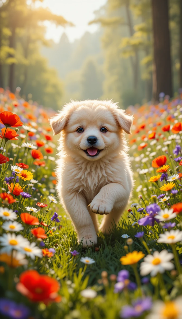 カラフルな花畑を走るふわふわクリーム色の子犬