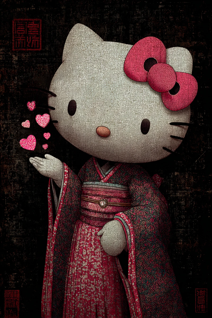 Retrato de Hello Kitty geisha soplando corazones rosas de purpurina