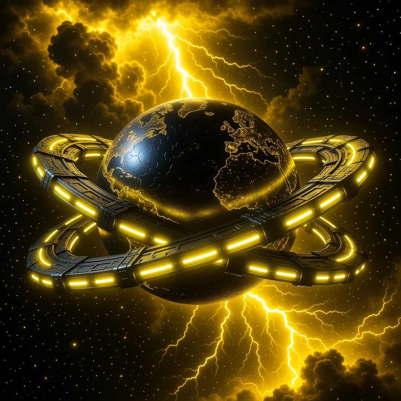 Planeta Metálico Futurista con Anillos en un Espacio Neón Amarillo