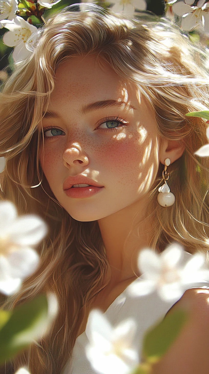 Retrato de moda de ensueño de una chica rubia tímida y pecosa