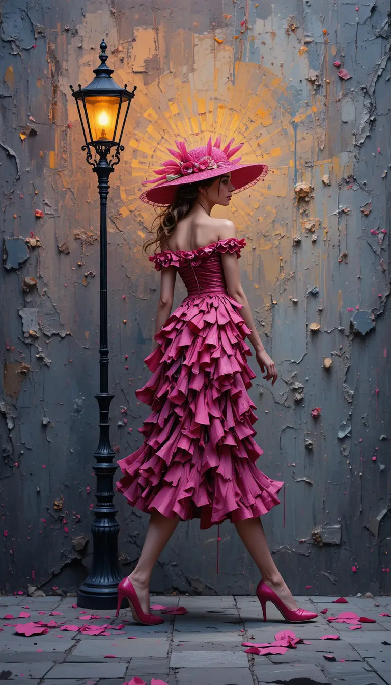 Stylish woman in pink dress passing glowing street lamp