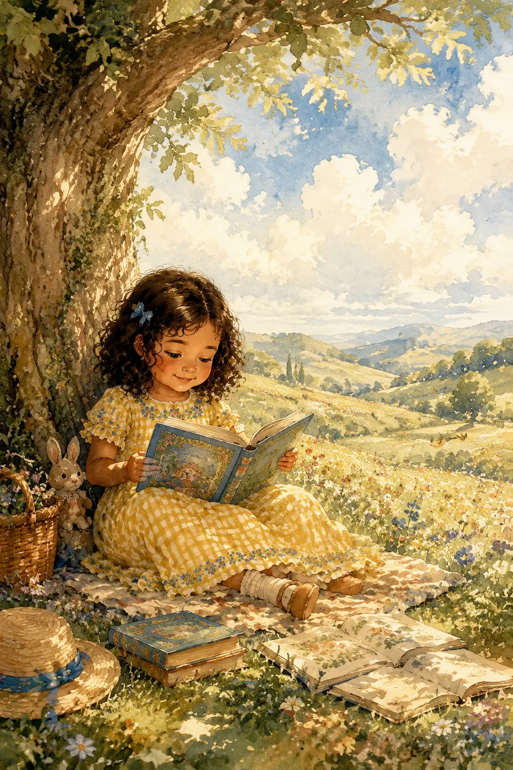 Little Girl Reading Under A Tree In Watercolor Meadow