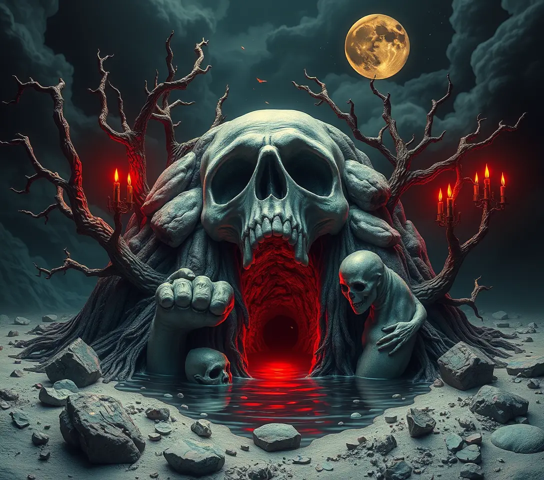 Pop surreal fantasy scene of redemption and souls