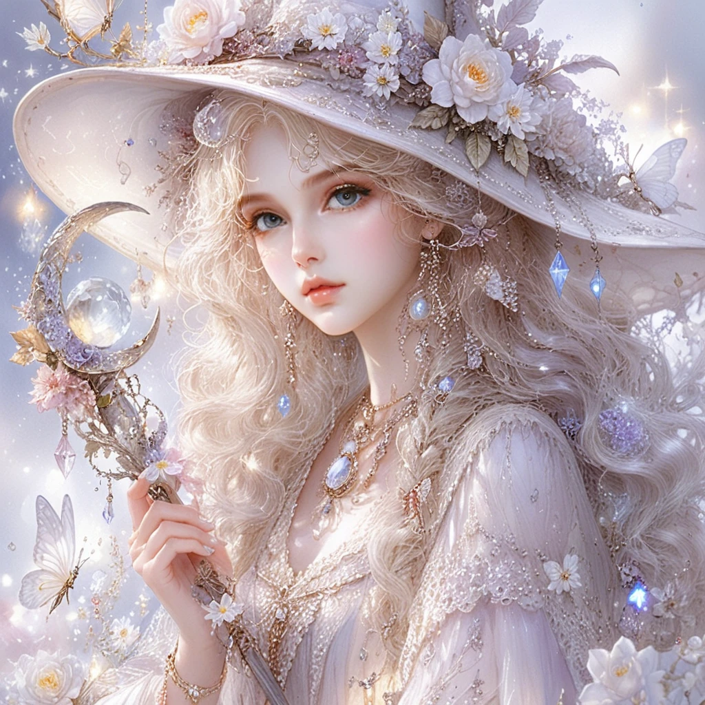 花飾りの帽子をかぶった幻想的な白い魔女のポートレート
