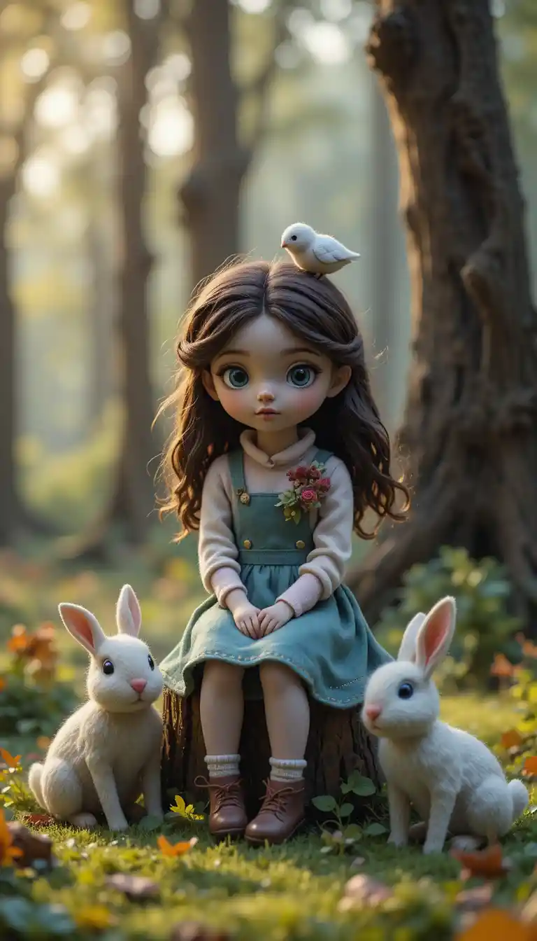 Felt girl in a sunny forest clearing with animals