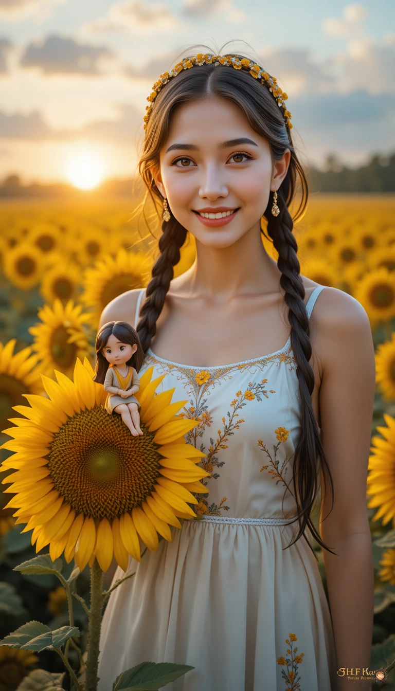 Joven hablando en un campo de girasoles al atardecer