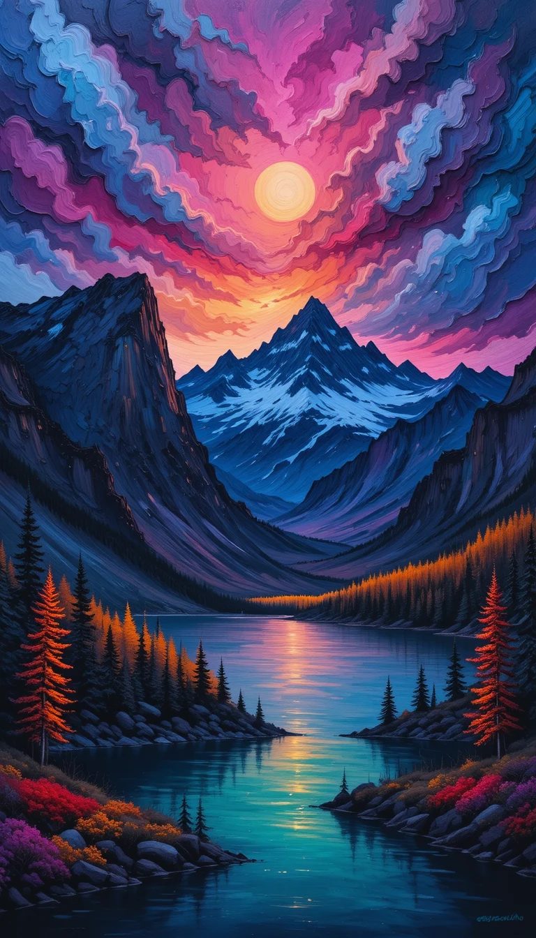 Paisaje de montaña en impasto al atardecer con cielo vívido