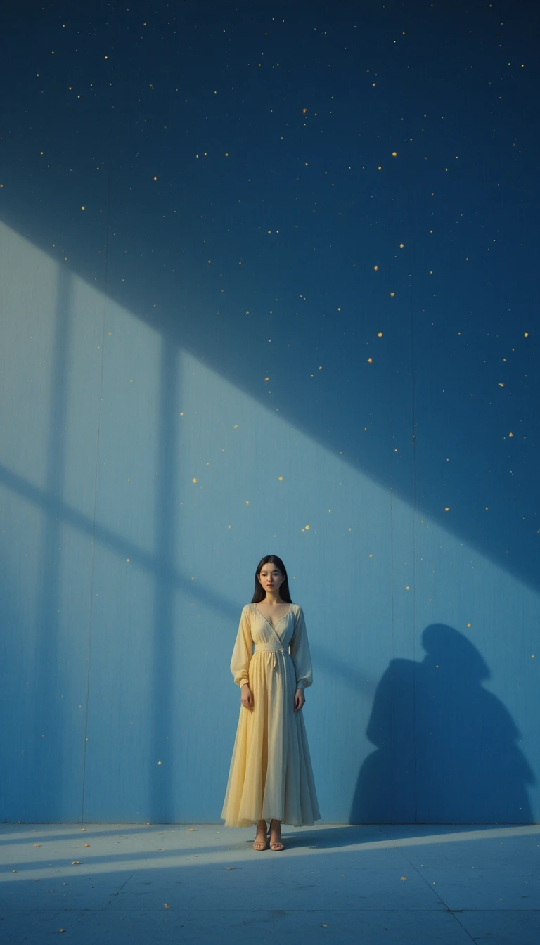 Modelo de moda japonesa junto a una pared azul oscuro de noche