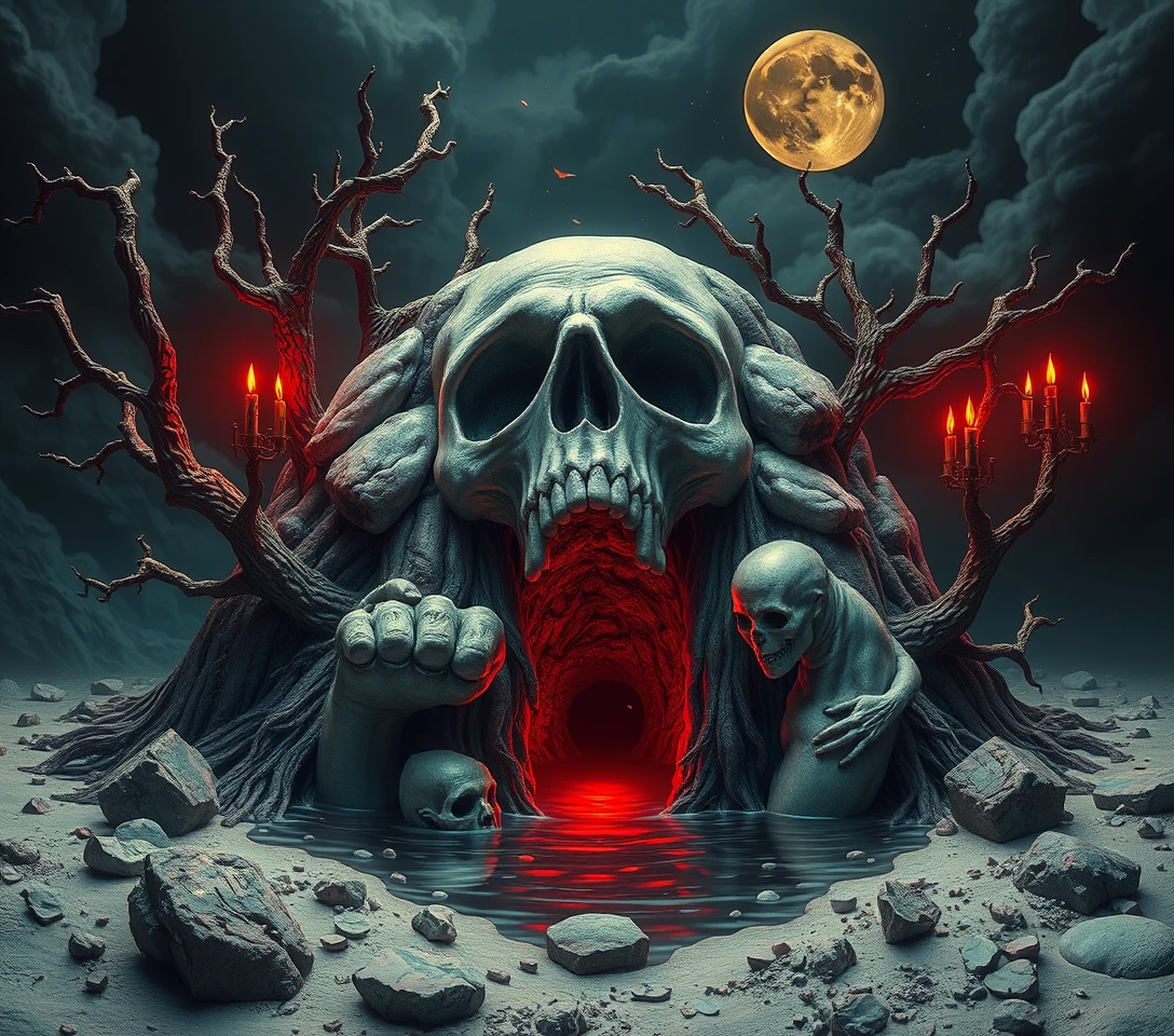 Pop surreal fantasy scene of redemption and souls