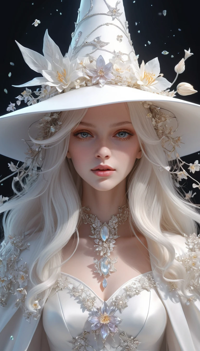 Ätherische weiße Hexe mit Blumenhut im Anime-Stil