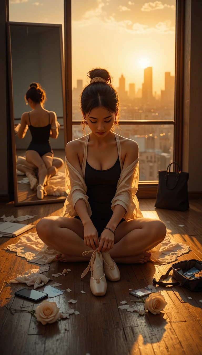 Bailarina asiática descansando en el suelo del estudio al atardecer