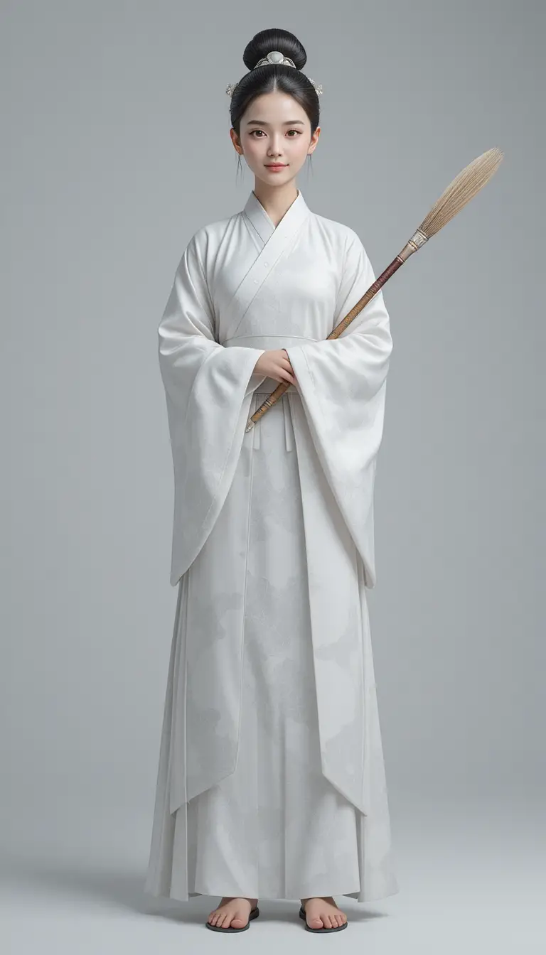 Calm young taoist girl in white 3D character design