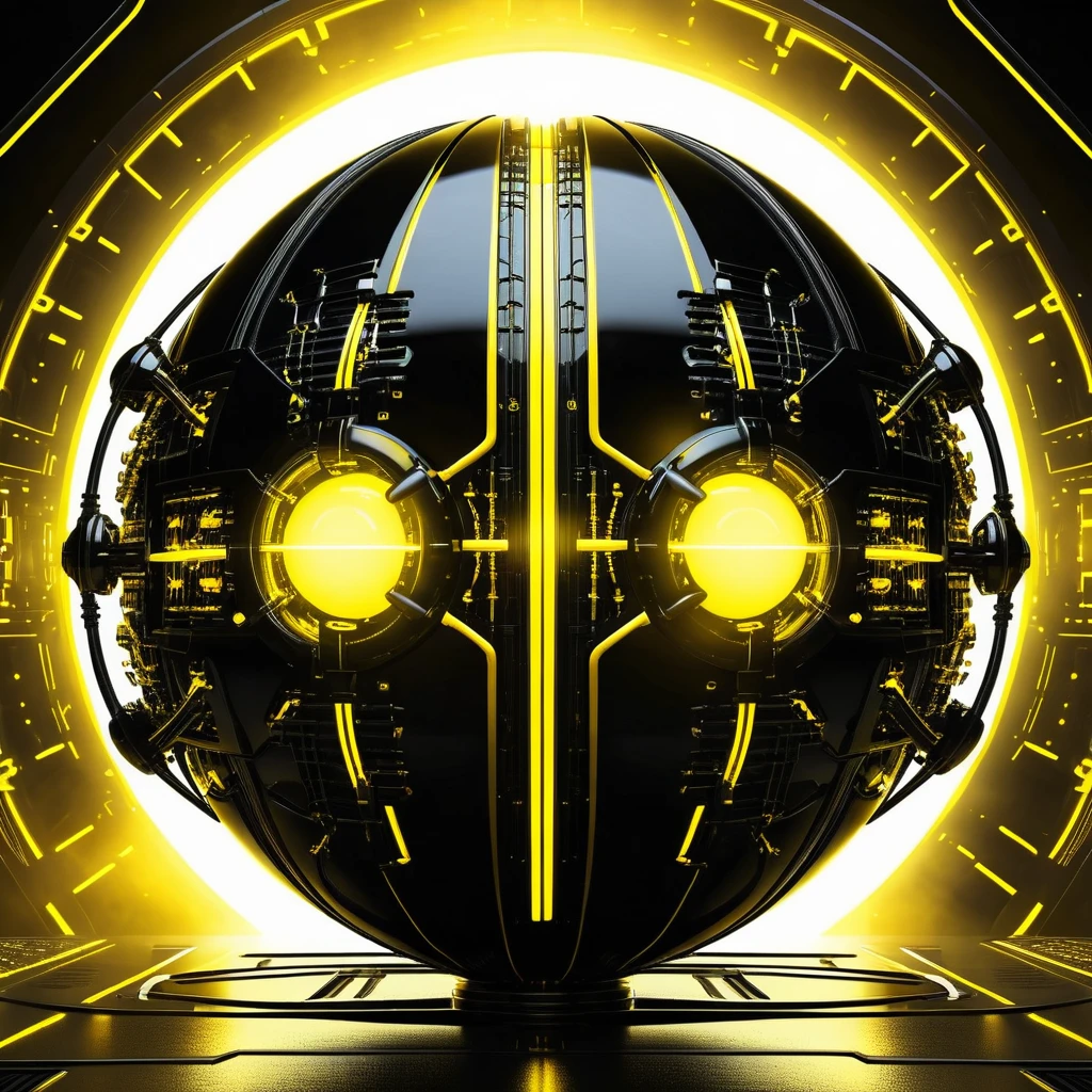 Esfera mecánica negra futurista en un espacio amarillo brillante