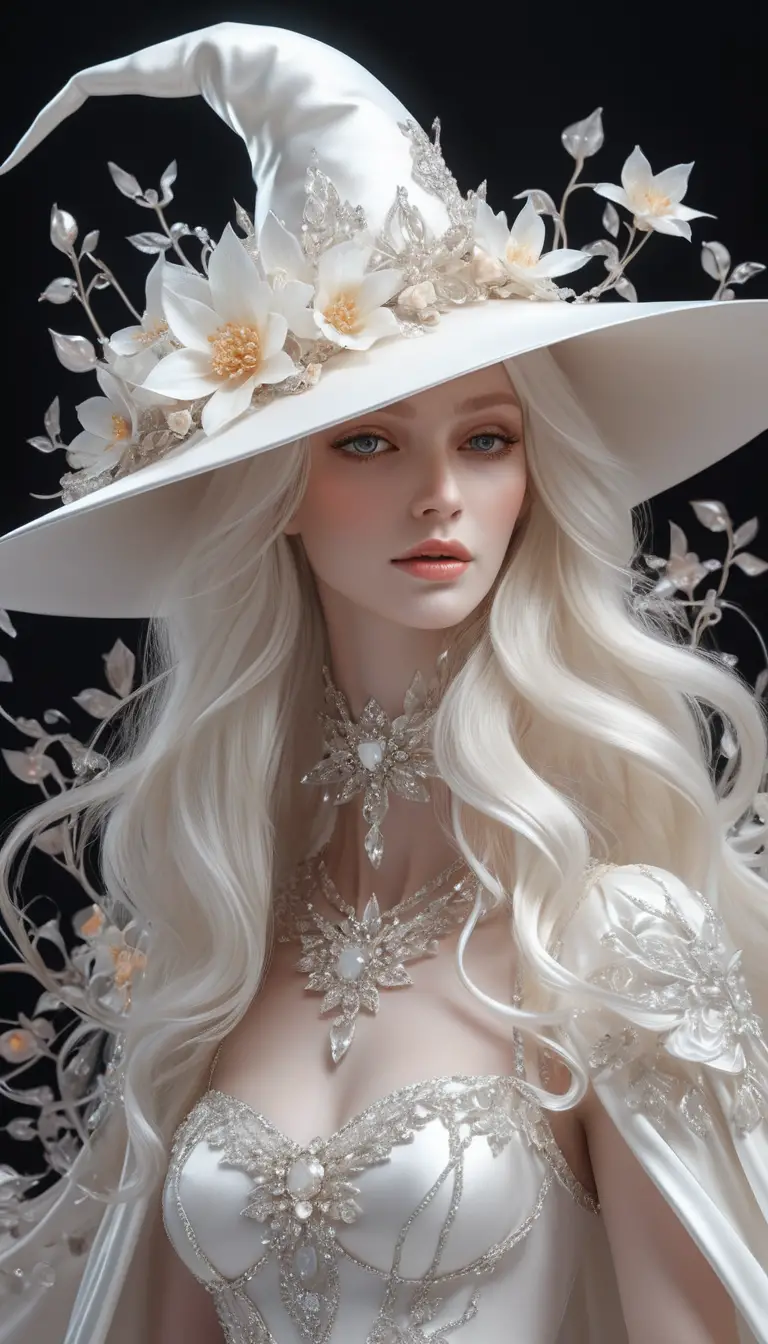 Ethereal white witch in luminous floral hat portrait