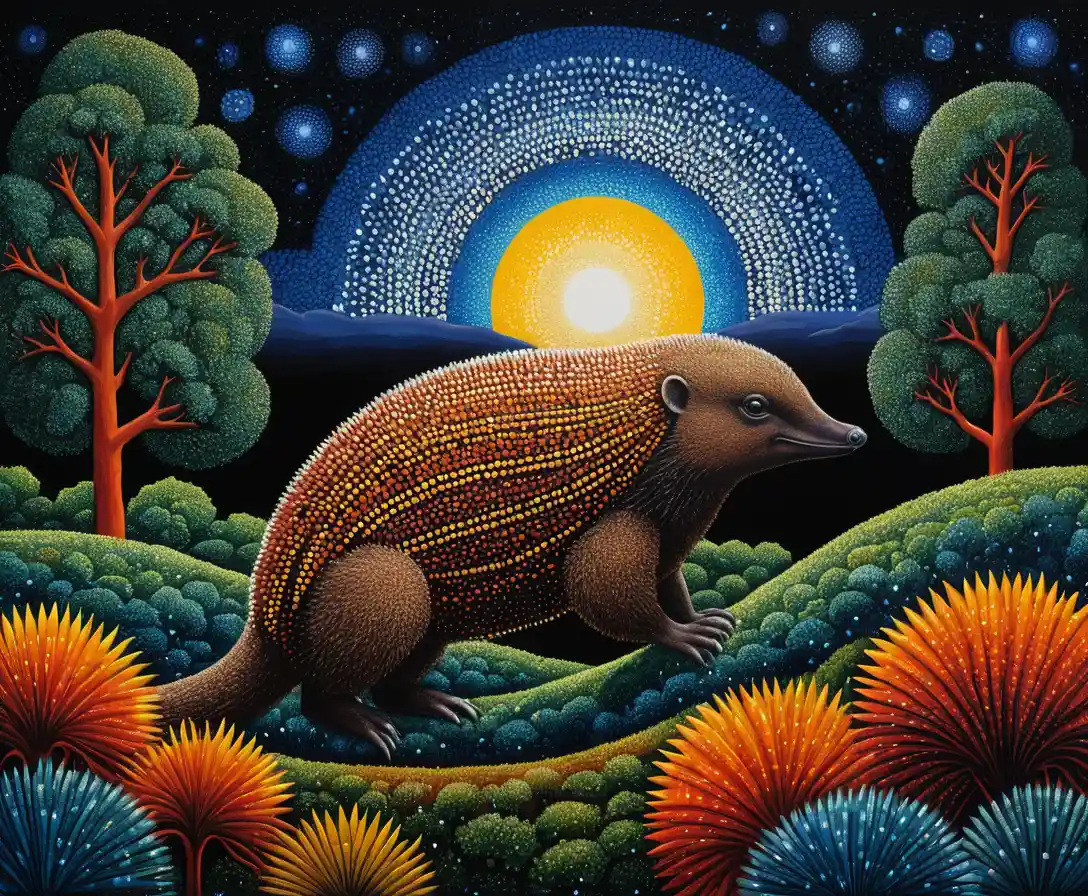 Flying echidna over australian bush in aboriginal painting