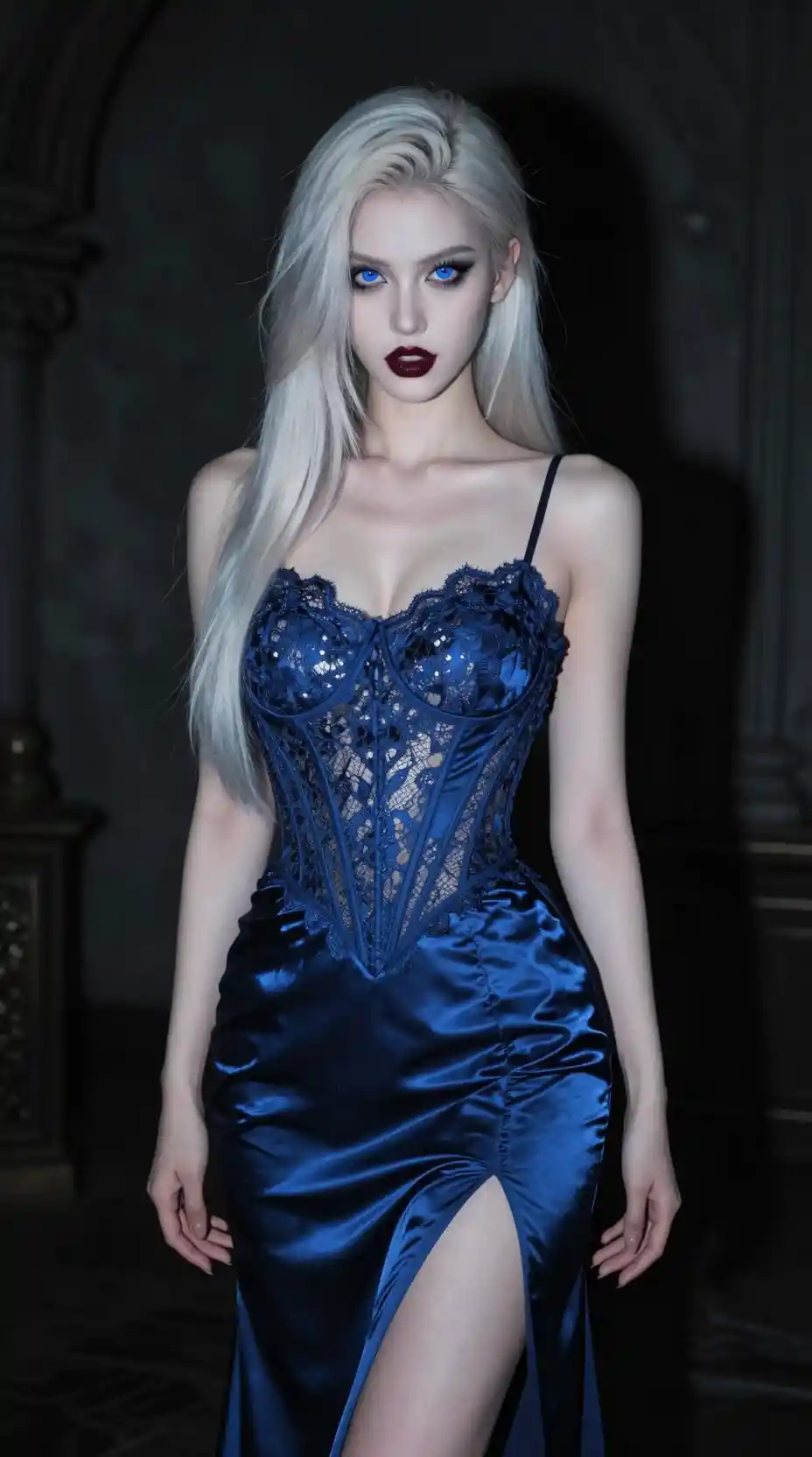 Elegant platinum haired woman in blue satin evening dress
