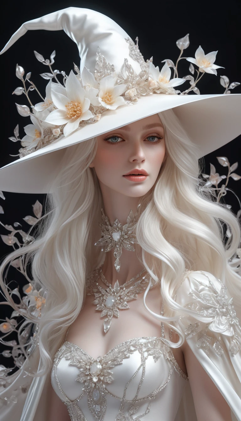 Ethereal white witch in luminous floral hat portrait
