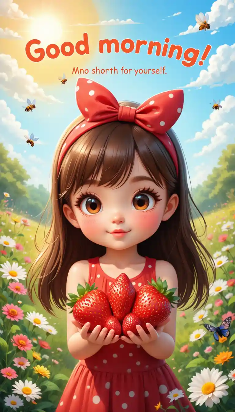 晴れた花畑でイチゴを持つかわいい女の子