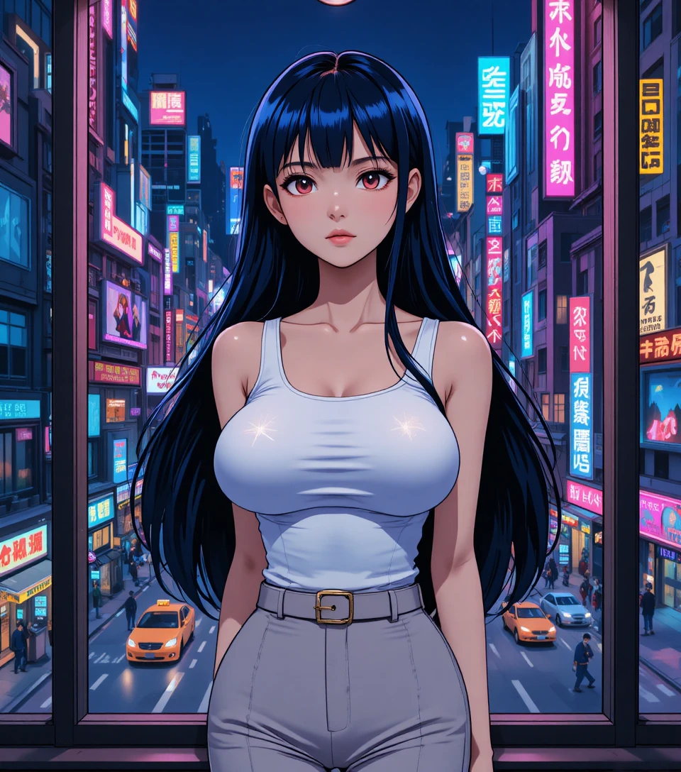 Mujer de anime junto a la ventana con vista a ciudad neón de noche