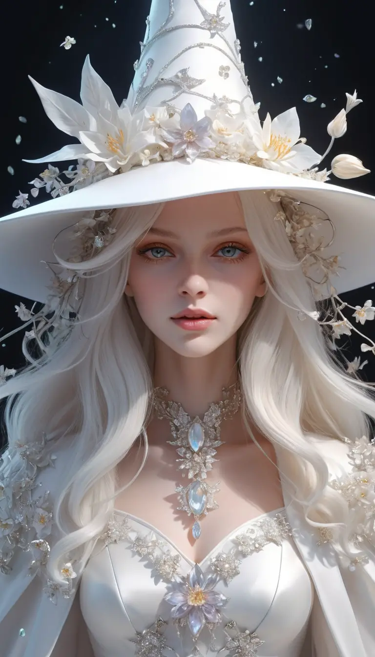 Ethereal white witch with floral hat in anime style