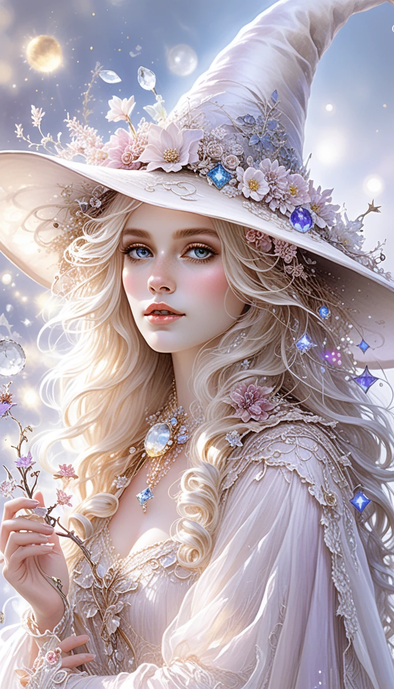 Bruja Blanca Etérea con Sombrero Floral en Retrato 3D Suave